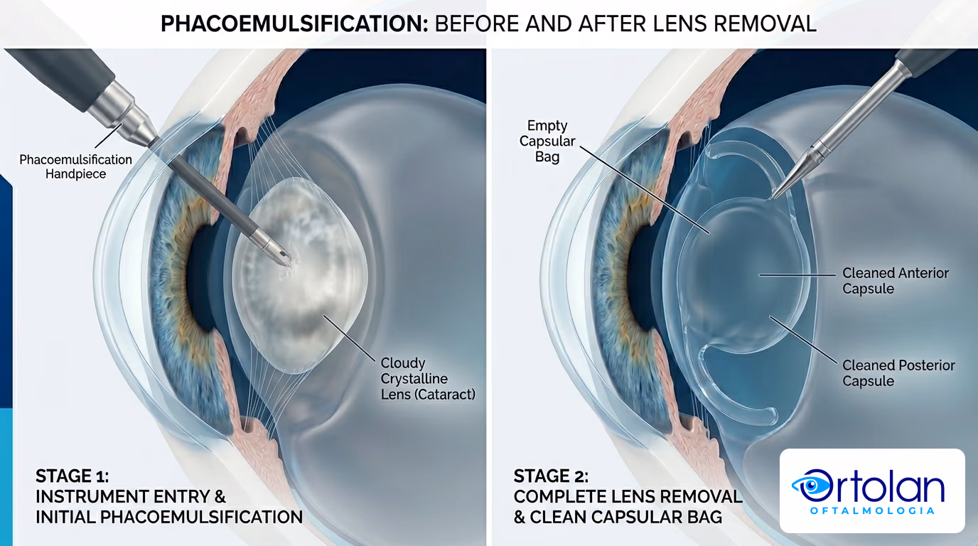 Ilustração 3D da facoemulsificação em duas etapas: o aparelho entra por uma microincisão e fragmenta o cristalino opaco; depois, a cápsula fica limpa para receber a lente intraocular.