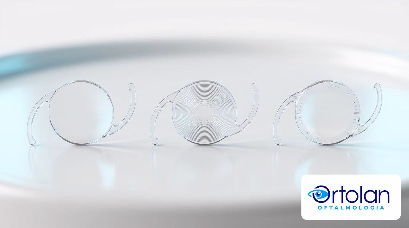 Render de três lentes intraoculares lado a lado: monofocal lisa à esquerda, multifocal com anéis concêntricos no centro e tórica com marcas de eixo à direita.