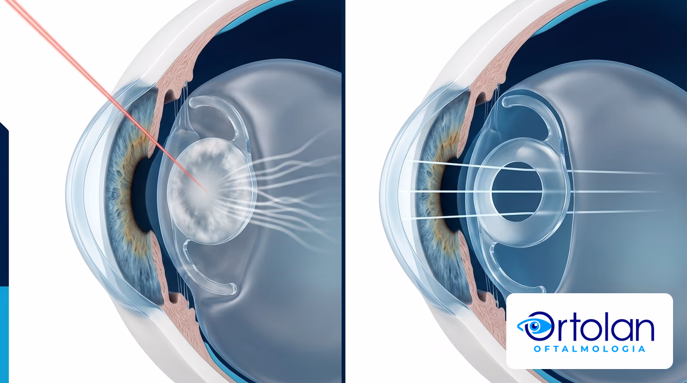 Ilustração 3D: à esquerda, o laser YAG abre a cápsula posterior opaca atrás da lente intraocular; à direita, a cápsula central limpa deixa a luz passar.