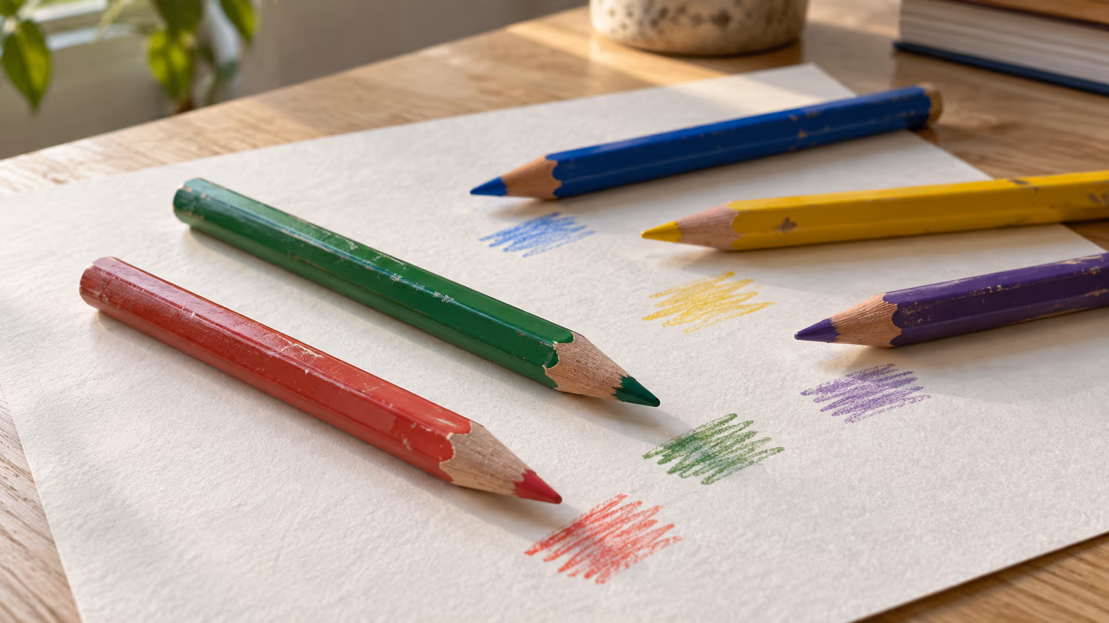 Cena ilustrativa de lápis de cor vermelhos, verdes, azuis, amarelos e roxos sobre papel, com pequenos traços dos mesmos tons.