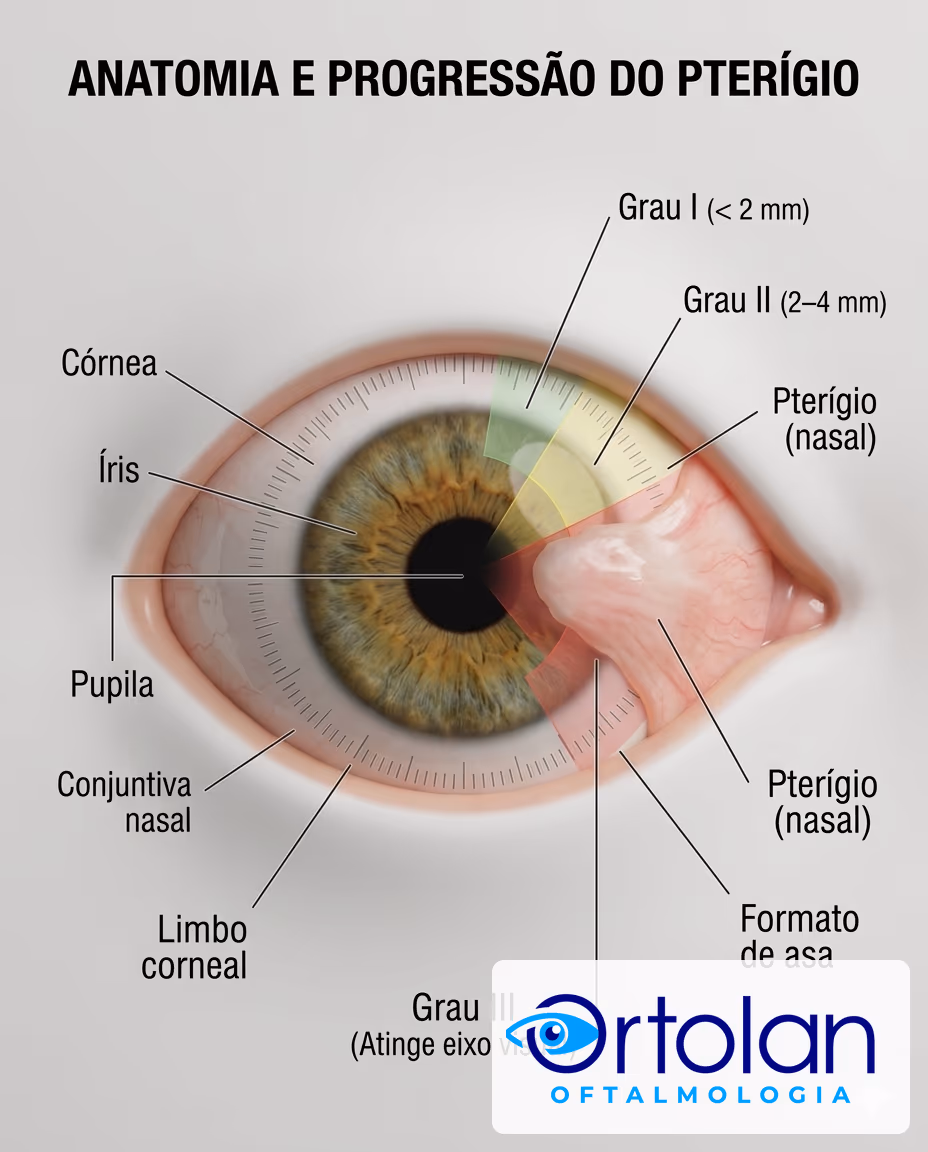 Anatomia do pterígio e seus graus I, II e III conforme a invasão da córnea. Anatomia do pterígio e seus graus I, II e III conforme a invasão da córnea.