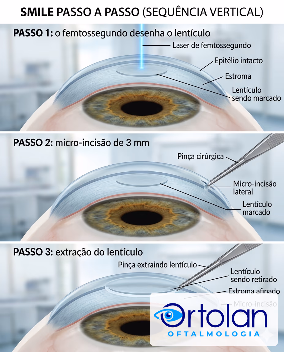 Etapas do SMILE: o laser de femtossegundo cria e remove a lentícula da córnea.