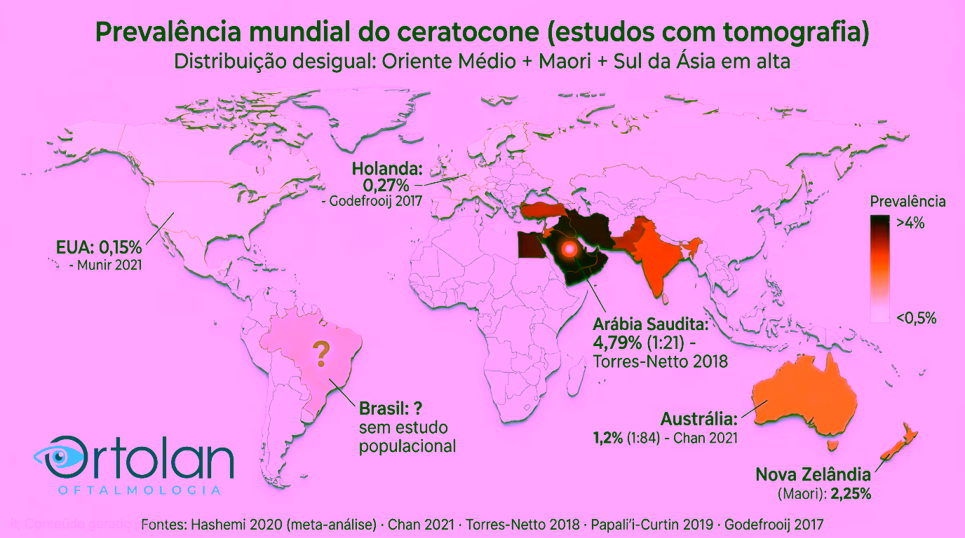 Mapa-mundi mostrando a prevalência do ceratocone por região com intensidade de cor (do amarelo claro <0,5% ao vermelho profundo >4%). Arábia Saudita destacada em vermelho (4,79% em crianças, Torres-Netto 2018), Austrália 1,2% (Chan 2021), Nova Zelândia 2,25% em Maori, Holanda 0,27% (Godefrooij 2017), EUA 0,15% (Munir 2021), Brasil sem estudo populacional. Distribuição desigual: Oriente Médio + populações Maori + Sul da Ásia em alta.
