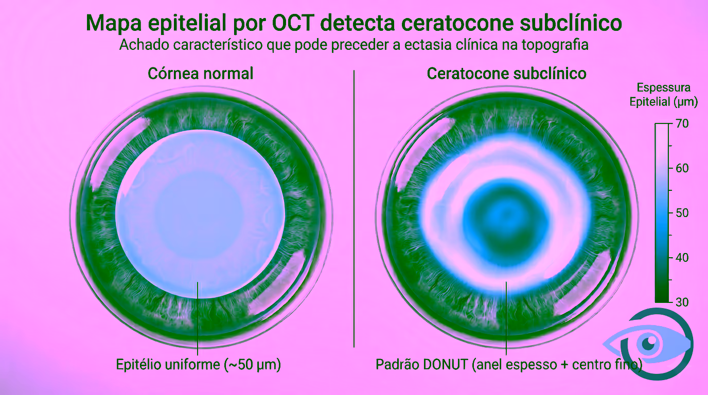 Mapa epitelial por OCT comparando córnea normal (esquerda, epitélio uniforme em azul claro homogêneo) e ceratocone subclínico (direita, padrão DONUT característico: anel de epitélio espesso envolvendo zona central com epitélio fino azul-escuro). Escala de cor à direita mostra espessura epitelial de 30 a 70 micrômetros. Padrão patognomônico de ectasia subclínica - aparece anos antes do cone visível na topografia.