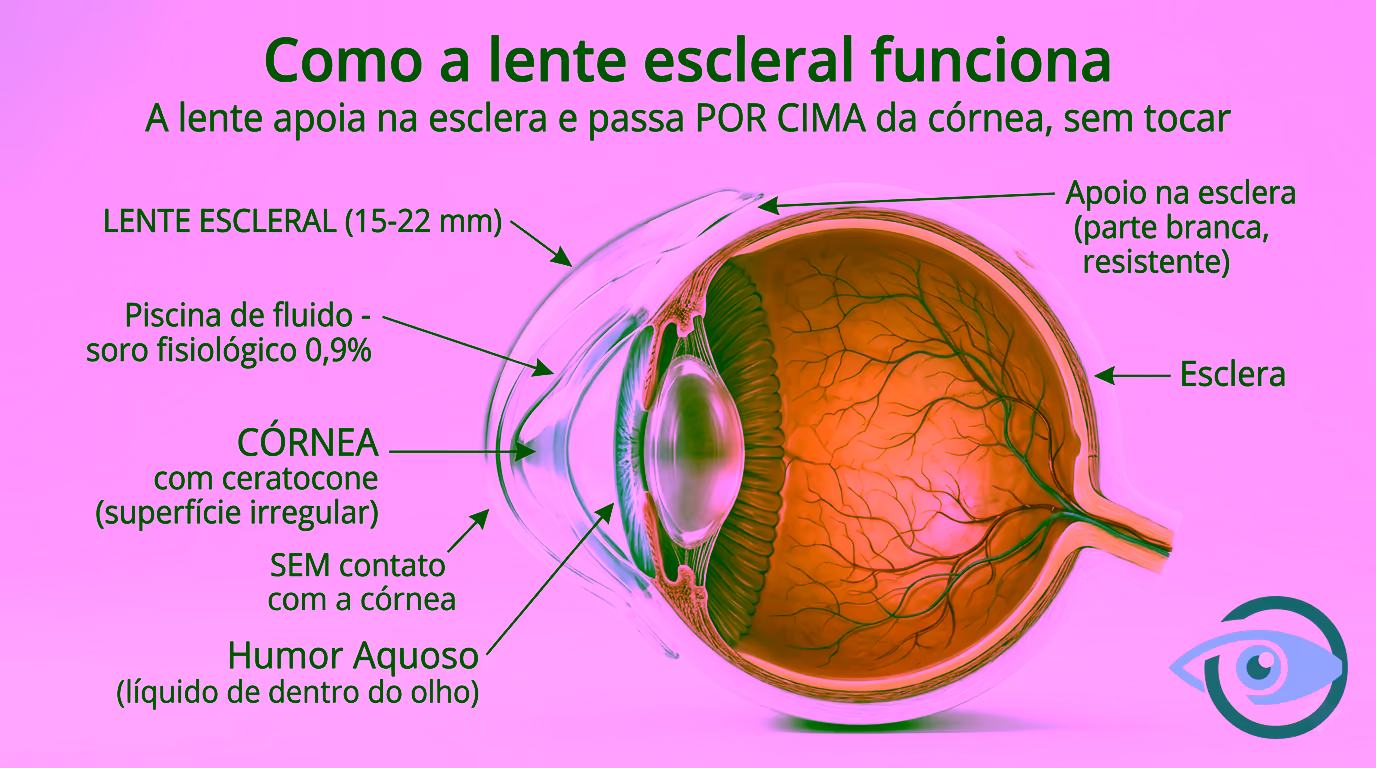 Corte anatômico do olho mostrando a lente escleral em posição: lente de 15-22 mm passando POR CIMA da córnea com ceratocone (sem encostar nela), apoiada nas bordas da esclera (parte branca), com piscina de soro fisiológico 0,9% preenchendo o espaço entre a lente e a córnea. Estruturas visíveis: lente escleral, piscina de fluido, córnea com ceratocone, humor aquoso, esclera, apoio na esclera.