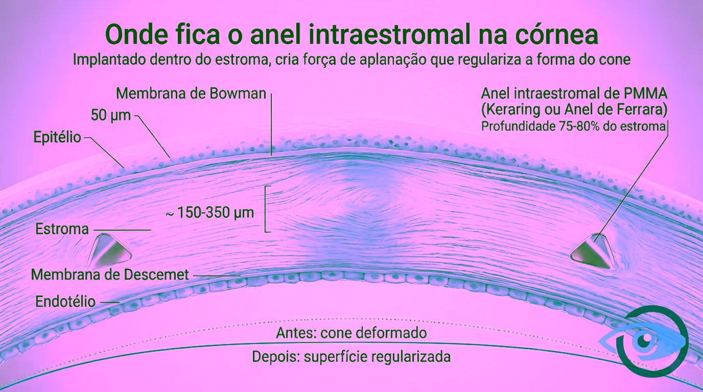 Corte transversal lateral da córnea mostrando as 5 camadas anatômicas (epitélio ~50 µm, membrana de Bowman, estroma com lamelas de colágeno, membrana de Descemet, endotélio) e os 2 segmentos do anel intraestromal de PMMA (Keraring ou Anel de Ferrara) implantados na profundidade de 75-80% do estroma. Cria força de aplanação que regulariza a forma do cone na córnea com ceratocone.