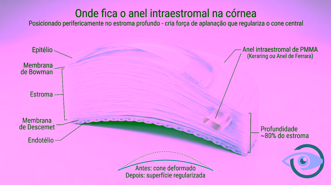 Vista oblíqua 3D da córnea mostrando as lamelas de colágeno do estroma (camadas paralelas características) com o anel intraestromal posicionado perifericamente no estroma profundo (~80% da profundidade). Permite visualizar como o anel se insere dentro das camadas de colágeno sem cortá-las.