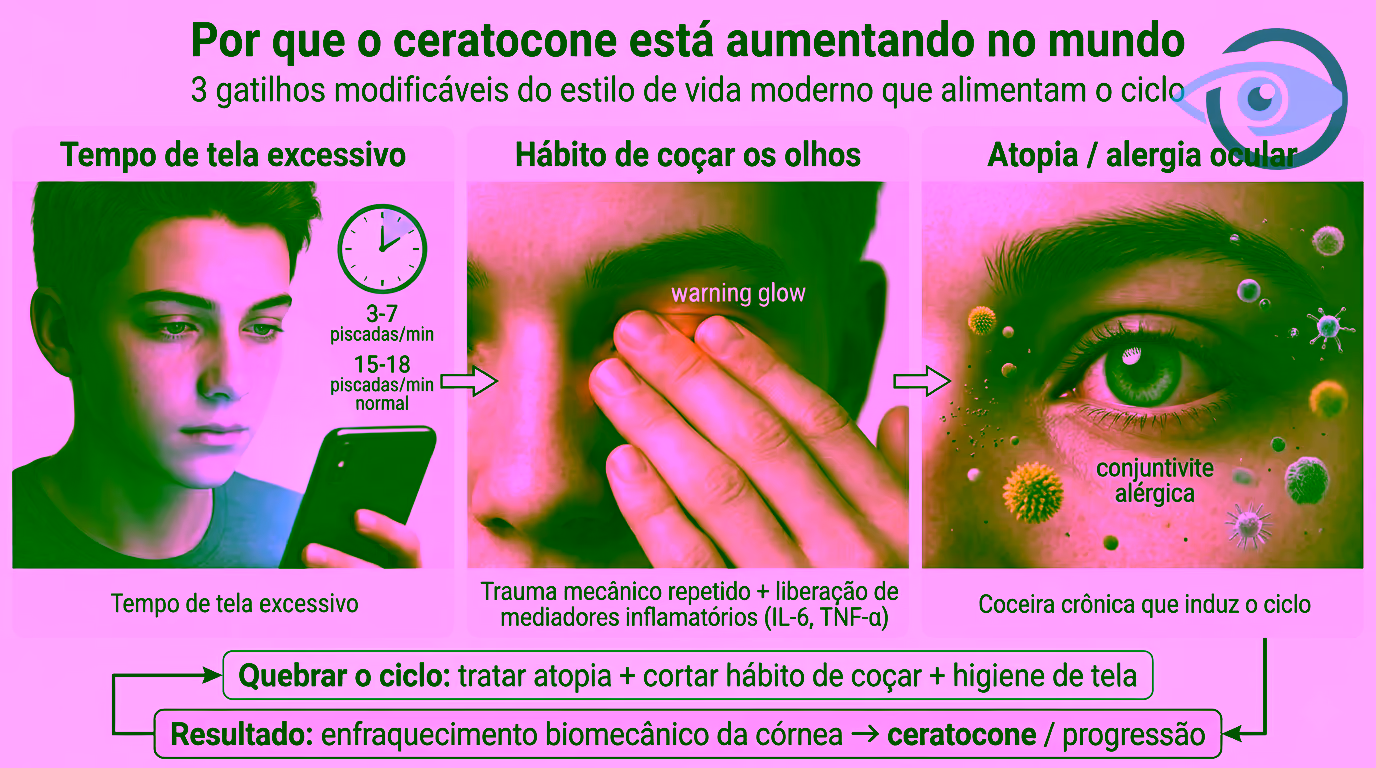 Os 3 gatilhos modificáveis do estilo de vida moderno que alimentam o ciclo do ceratocone: (1) Tempo de tela excessivo - adolescente olhando smartphone com piscar reduzido (3-7 piscadas/min vs 15-18 normal); (2) Hábito de coçar os olhos - close de mão esfregando olho com warning glow representando trauma mecânico + mediadores inflamatórios IL-6 e TNF-alfa; (3) Atopia / alergia ocular - olho com conjuntivite alérgica. Resultado do ciclo: enfraquecimento biomecânico da córnea → ceratocone / progressão. Para quebrar o ciclo: tratar atopia + cortar hábito de coçar + higiene de tela.