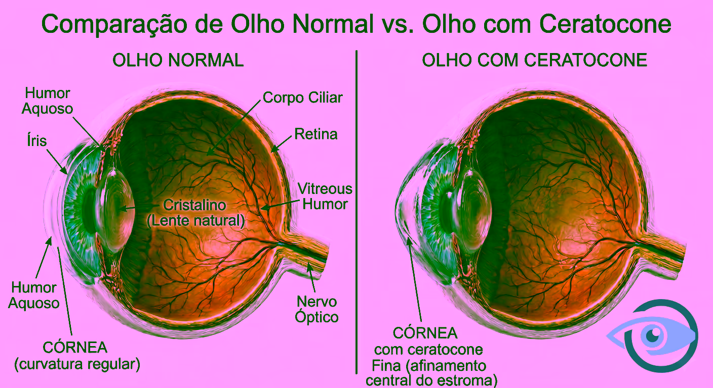 Comparação anatômica lado a lado entre olho normal (esquerda) - com córnea de curvatura regular - e olho com ceratocone (direita) - mostrando o afinamento central do estroma e a deformação característica em formato de cone na córnea. Estruturas internas visíveis: humor aquoso, íris, cristalino, corpo ciliar, vítreo, retina e nervo óptico.