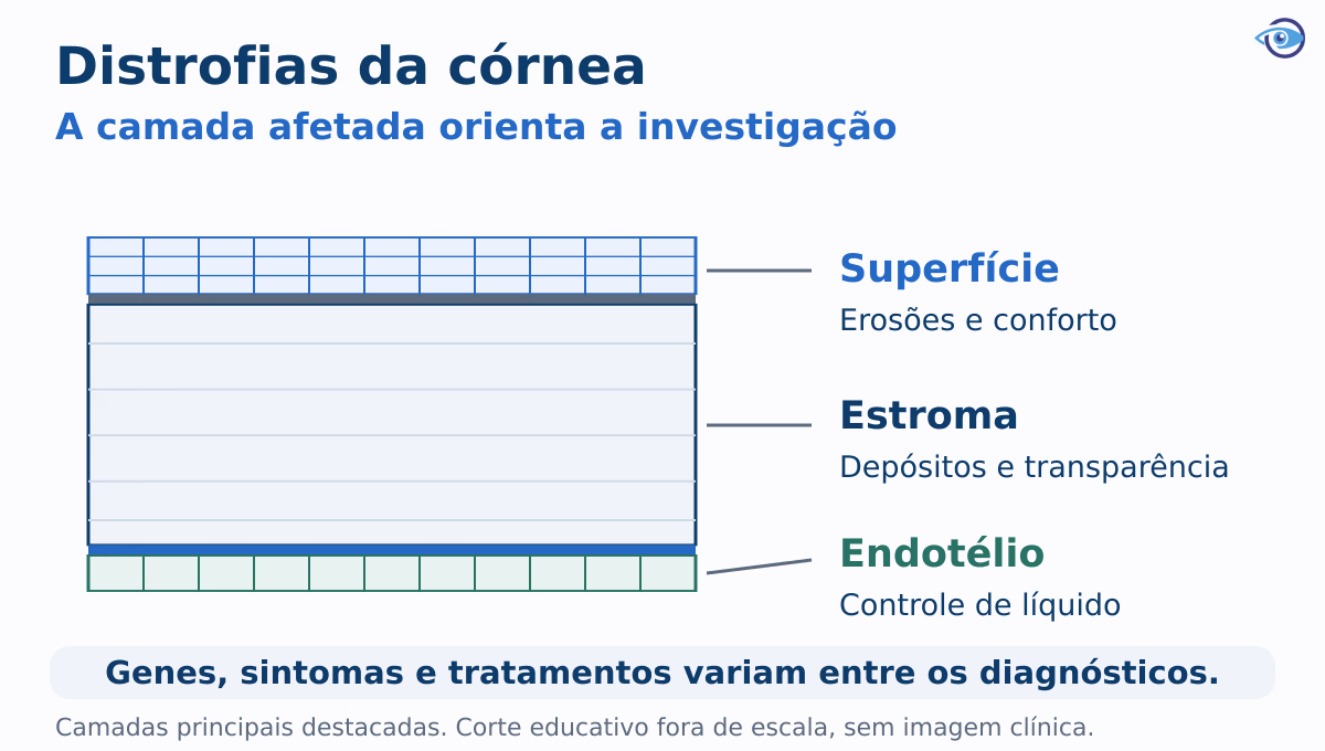 Corte educativo da córnea mostra superfície epitelial, estroma e endotélio, relacionando erosões, depósitos e edema às regiões envolvidas. Fora de escala. Corte educativo da córnea mostra superfície epitelial, estroma e endotélio, relacionando erosões, depósitos e edema às regiões envolvidas. Fora de escala.