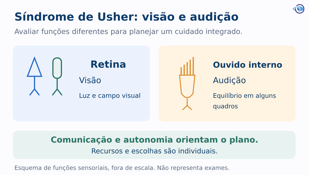 Esquema educativo relaciona retina à visão, ouvido interno à audição e equilíbrio em alguns quadros, com comunicação e autonomia como objetivos do cuidado. Esquema educativo relaciona retina à visão, ouvido interno à audição e equilíbrio em alguns quadros, com comunicação e autonomia como objetivos do cuidado.