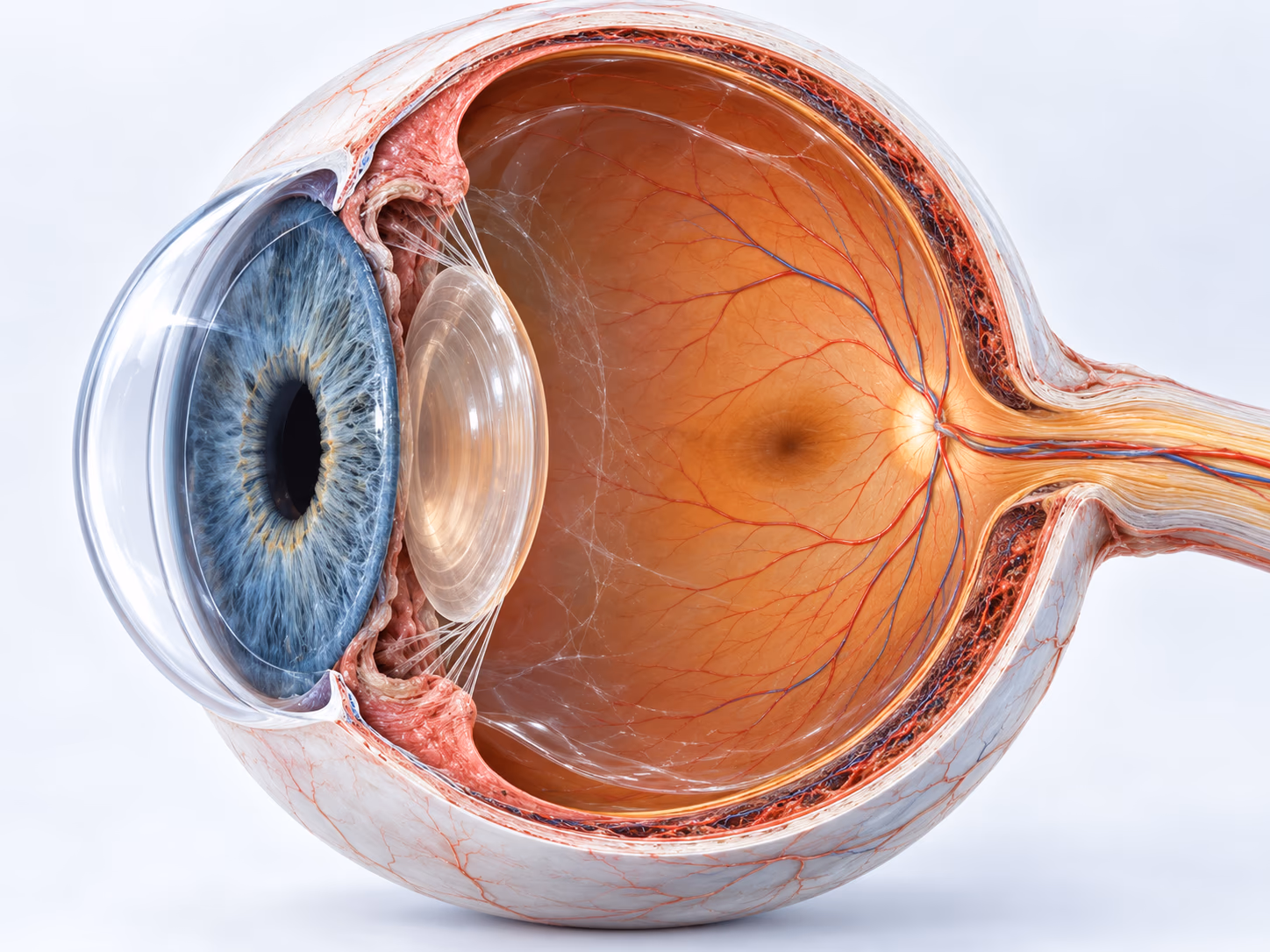 Ilustração anatômica 3D do olho em corte: córnea e íris na frente, cristalino atrás da íris, retina ao fundo e saída do nervo óptico ao lado da mácula.