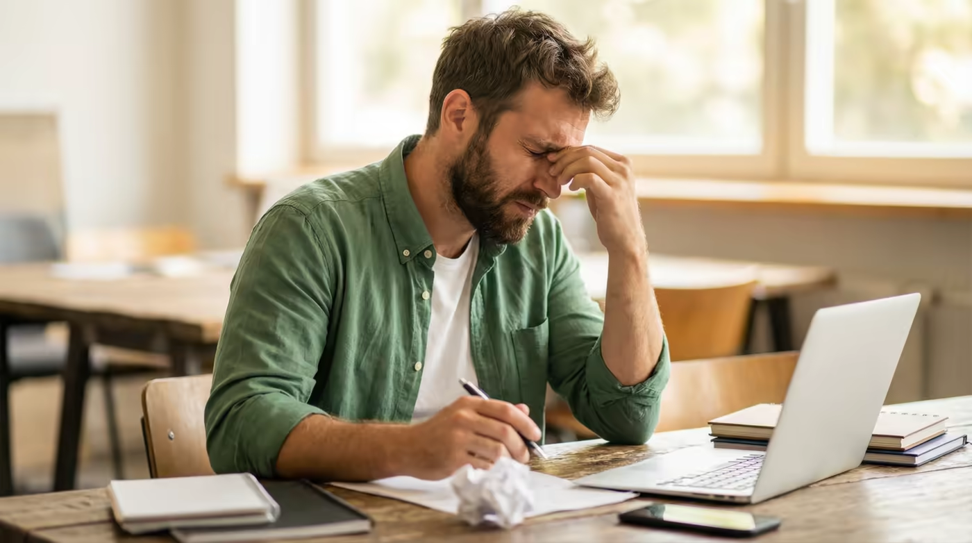 Profissional exausto tirando os óculos após horas diante do computador — a irritação crônica com óculos e lentes é uma das principais motivações para procurar a cirurgia refrativa. Ilustração de banco de imagens.