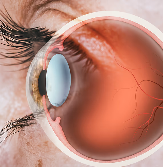 Estrutura do olho humano — córnea, íris, cristalino, retina e vasos do fundo do olho.
