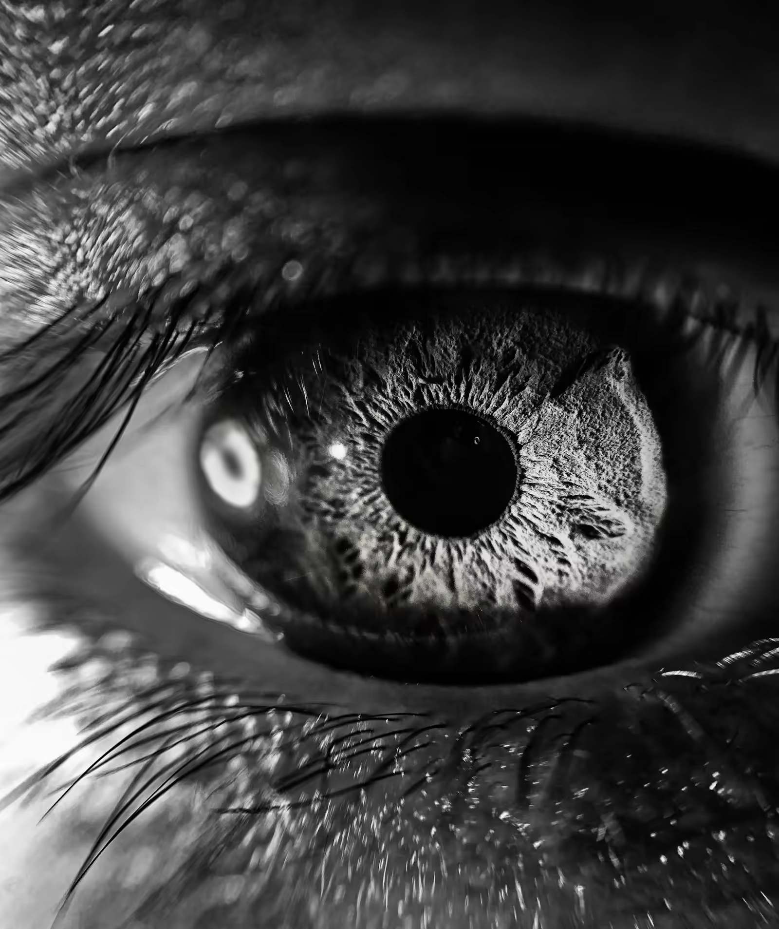 Closeup dramático de um olho humano em fotografia preto e branco